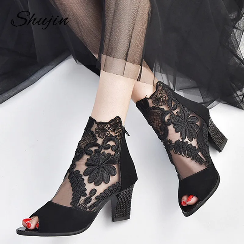 

WENYUJH Summer Mesh Peep Toe Sandals Lace Sexy Heels Single Shoes Women Shoes In Europe And America Spring And Summer Gauze