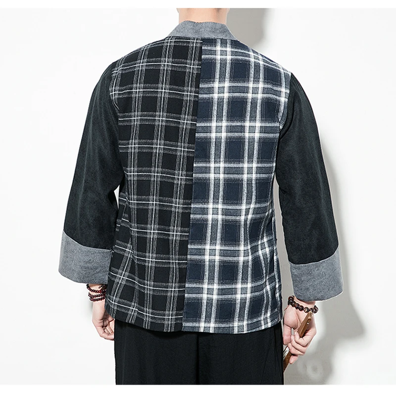 FUODRAO Japan Style Kimono Coats Men Harajuku Streetwear Plaid Patchwork Casual Jacket Men Open Stitch Vintage Jacket J112 FUODRAO Japan Style Kimono Coats Men Harajuku Streetwear Plaid Patchwork Casual Jacket Men Open Stitch Vintage Jacket J112