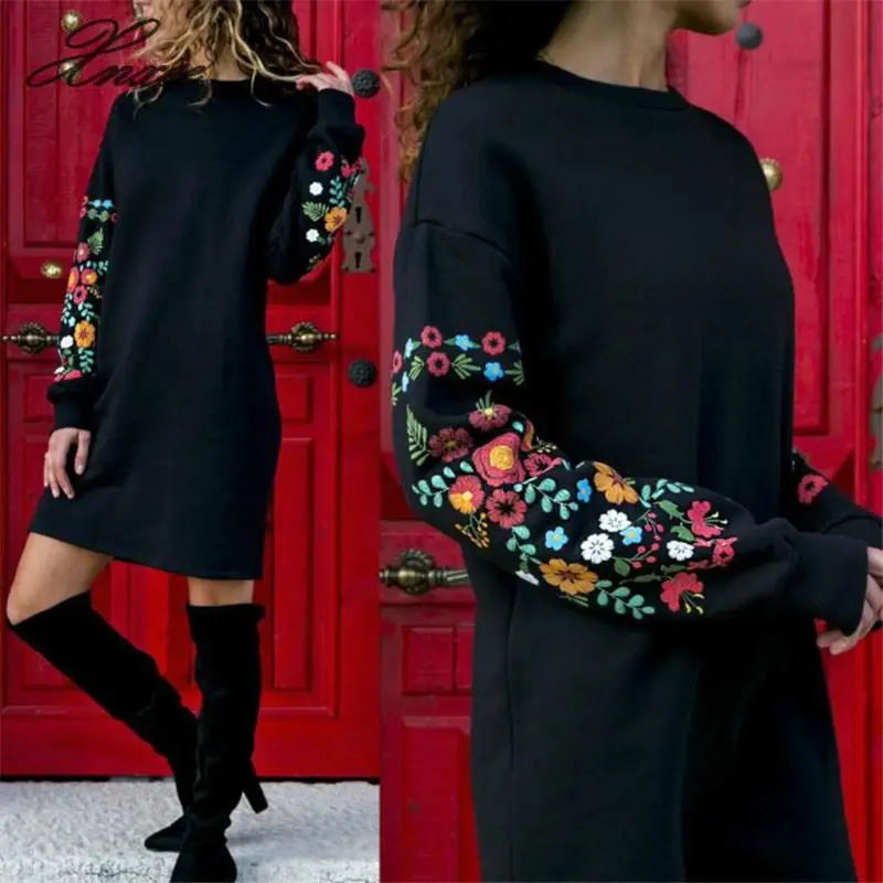 

Floral Embroidery Dress Women Long Sleeve Round Neck Casual Loose 2019 Autumn Winter Midi Dresses Clothing For Woman