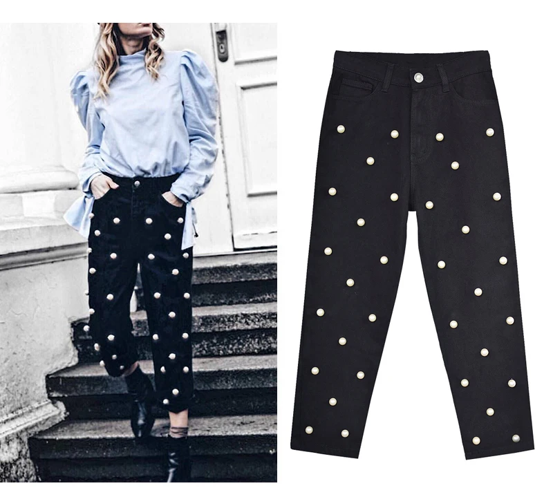 European and American women's high waist straight tube loose-fitting wide-leg jeans denim cuffed trousers studded with large pearl women's eighties (6)