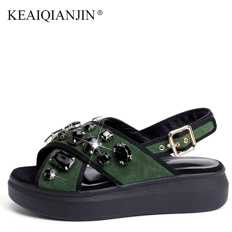 

KEAIQIANJIN Woman Genuine Leather Platform Sandal Fashion Gray Platform Heels Shoes Plus Size 33-43 Casual Crystal Sandal 2018
