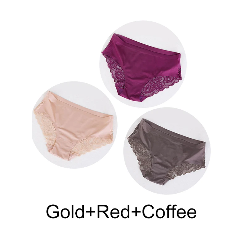 3 Pcs Sexy Underwear Women's Lace Panties Seamless Low Waist Briefs Nylon Silk Breathable Female Cotton Comfortable Lingerie - Color: B