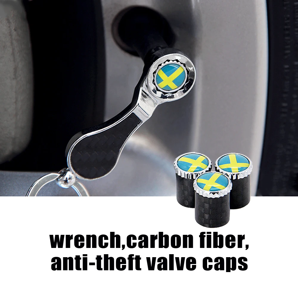 Tampas da Válvula de Pneu da Roda de Fibra Carbono com Chaveiro para o Logotipo da Bandeira Sueca Volvo S60 S90 Xc60 S80 Xc90 Xc80 Saab V40 V50 V60 13 Cheap Tampas e hastes da válvula