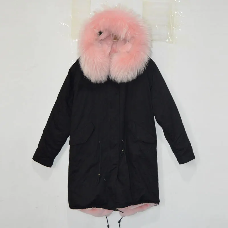 Best Offers Free shipping Light pink Big raccoon fur hood black shell color long winter coat