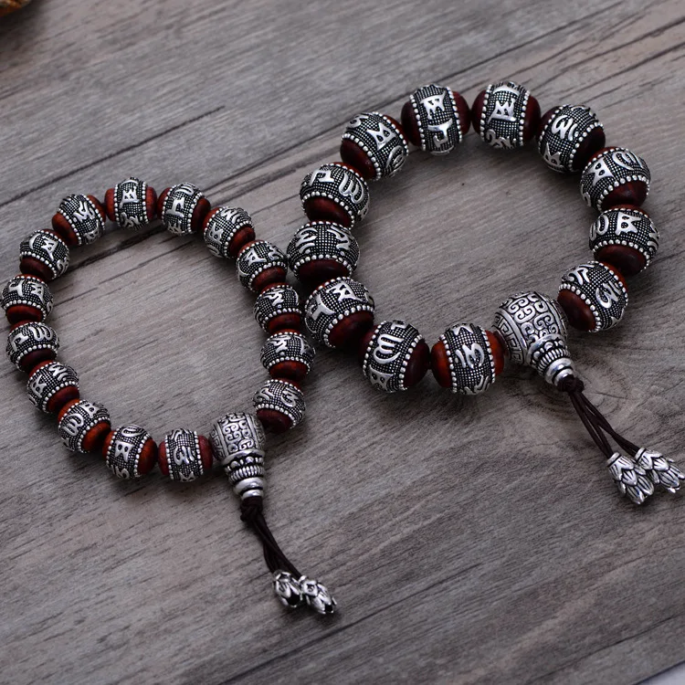 

S990 Thai Heavy Natural Lobular Sandalwood Buddha Balls Beads Couple Lover Six Words of Mantra Bracelet CH058894+5