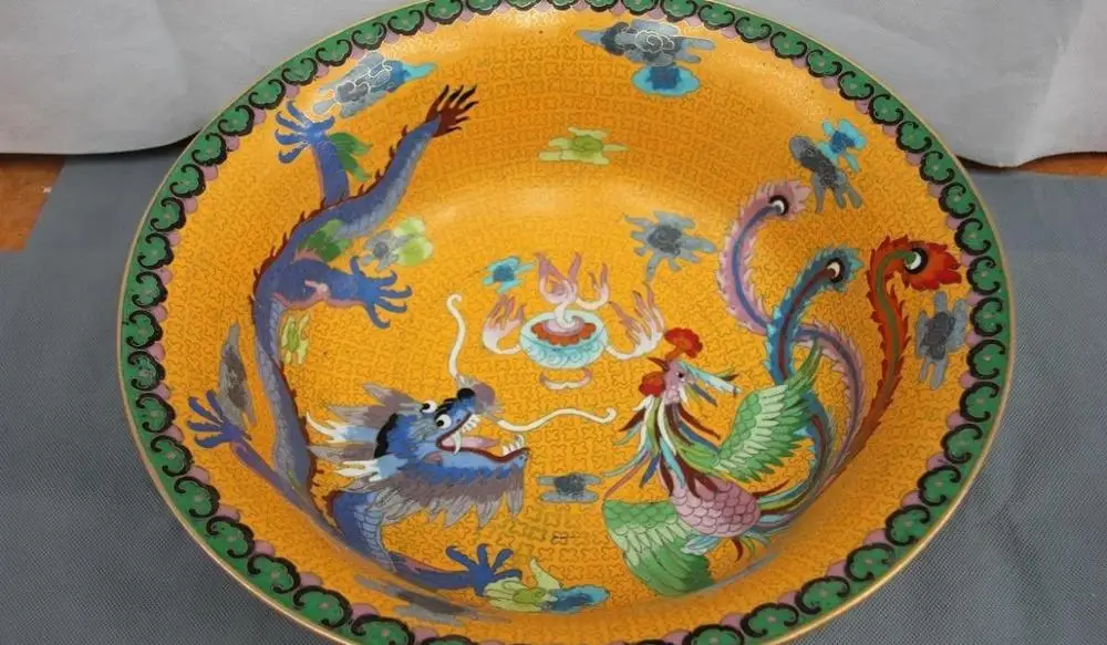 

China Copper Cloisonne Enamel FengShui Dragon Phoenix Play Bead Plate Basin Bowl