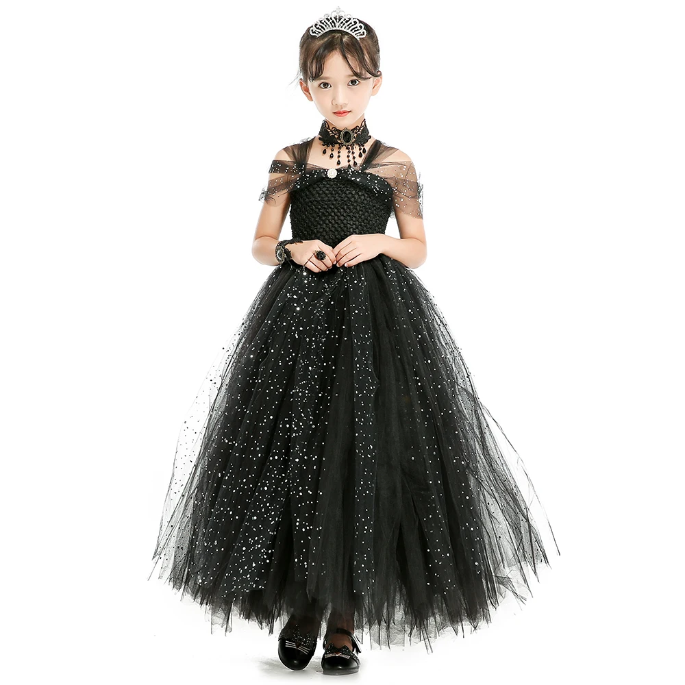Элегантное Черное блестящее платье-пачка для маленьких девочек; вечерние платья принцессы черного цвета для девочек; костюмы на Рождество и Хэллоуин