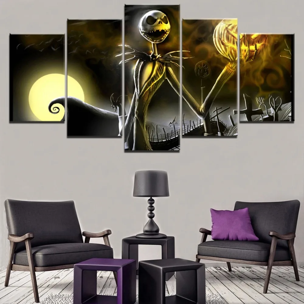 

Canvas Print Painting 5 Pieces Cemetery Halloween Holiday Jack Skellington Skeleton Picture Modern Home Decor Wall Art Poster