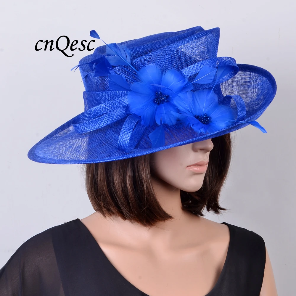 Wholesale 5 colors big Royal blue Wide brim Church Sinamay Hats with