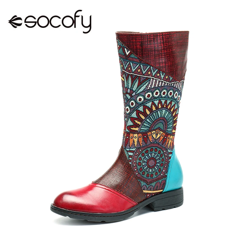 

Socofy Handmade Genuine Leather Mid Calf Boots Women Shoes Vintage Bohemian Printed Splicing Zipper Flat Spring Autumn Boots New