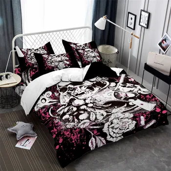 

Romantic Sugar Skull Bedding Set Pistol Flowers Print Duvet Cover Set Girls Sweet Bed Cover Pillowcase Halloween Gift Home Decor