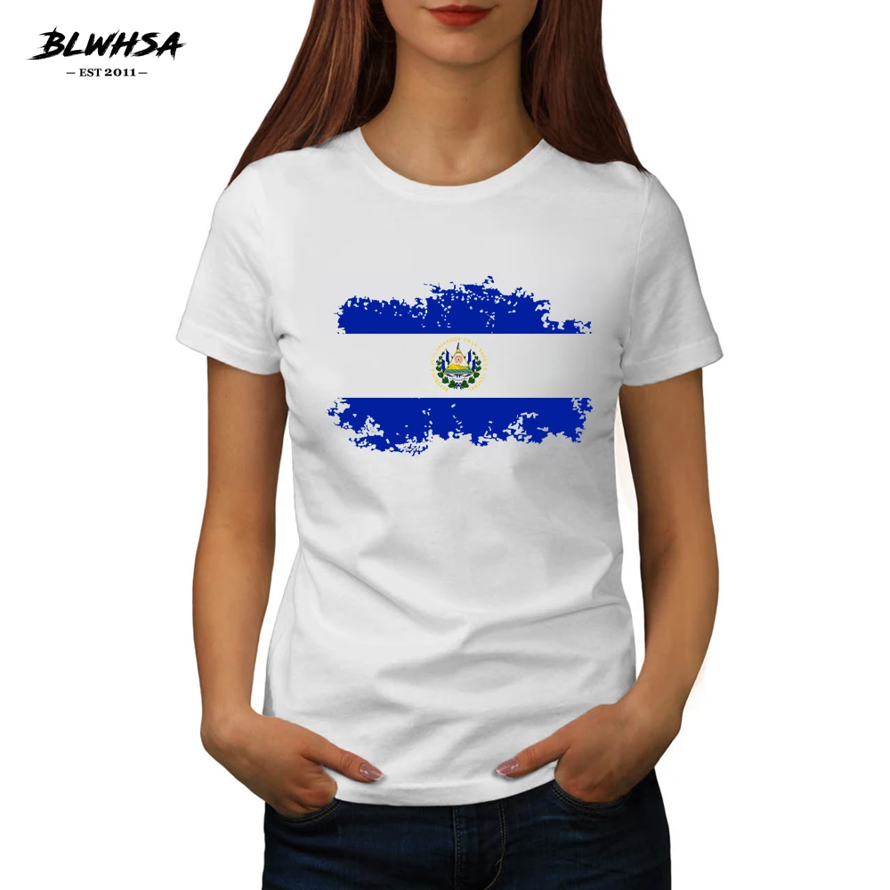 

BLWHSA New El Salvador Flag Printing T shirt Women Summer Round Neck Brand T-shirts Fashion El Salvador National Flag Female Tee