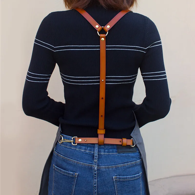 Black Gray Denim Apron Leather Straps D82A-3