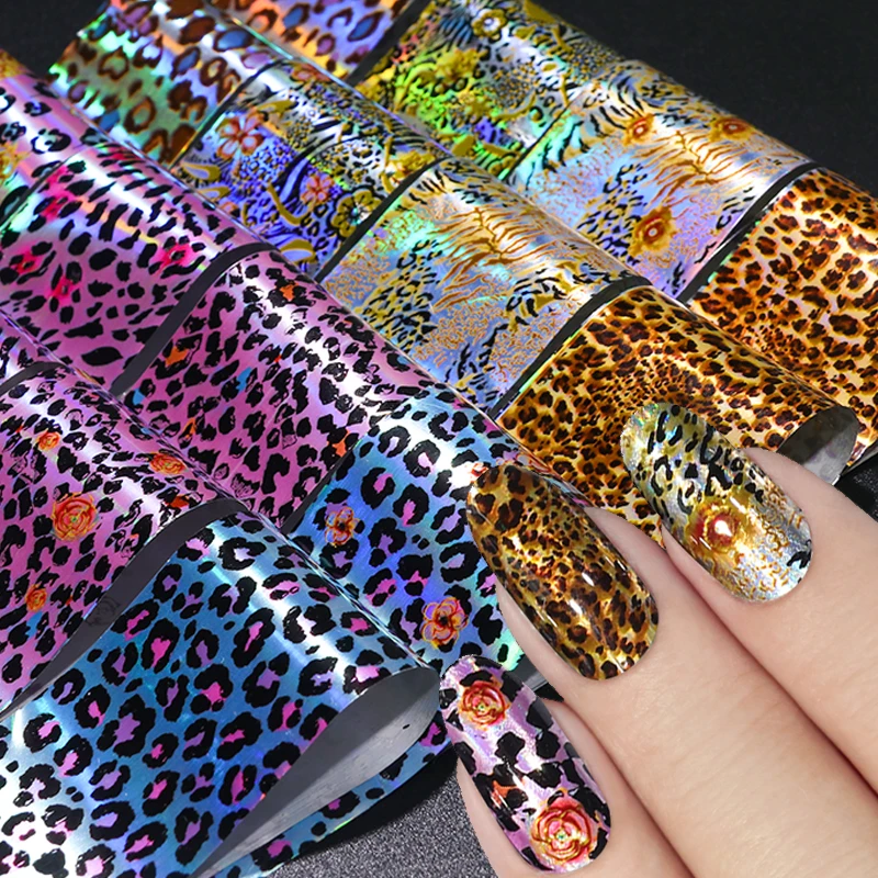 

16pcs Leopard Print Nail Stickers Decals Holograph Nail Foils Transfer Sliders Paper Mixed Design Wraps Set Manicure Decor TR936