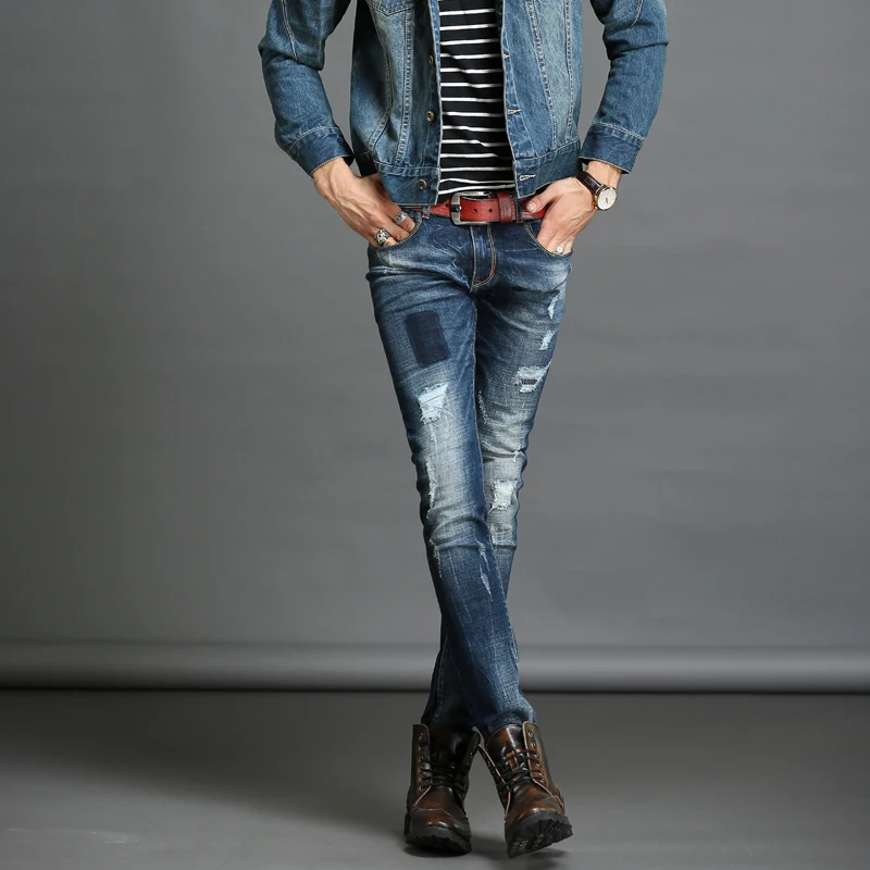 Демисезонный мужские джинсы деним тонкий Мода Высокое качество мотобрюки для мужчин стильная рваность сращены повседневное Masculino размеры