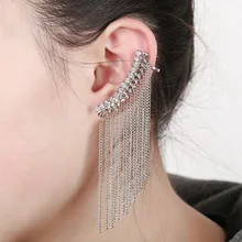 2017 New Trendy Statement Ear Cuff Jewelry Gold/Silver Plated Full Rhinestone Crystal Multi Link Chain Tassels Clip Earrings 1pc