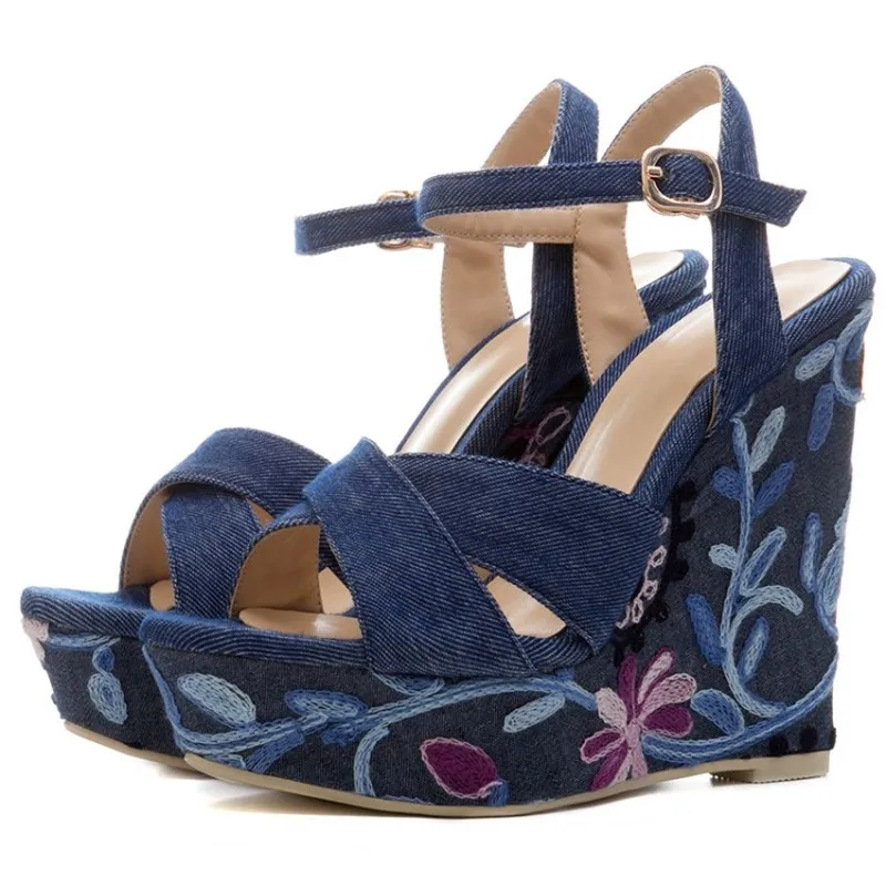 

Womens Peep Toe Embroidered Floral Denim Jeans Platform Ankle Buckle Wedge High Heels Sandals Shoes Chic Summer 3Colors A1141