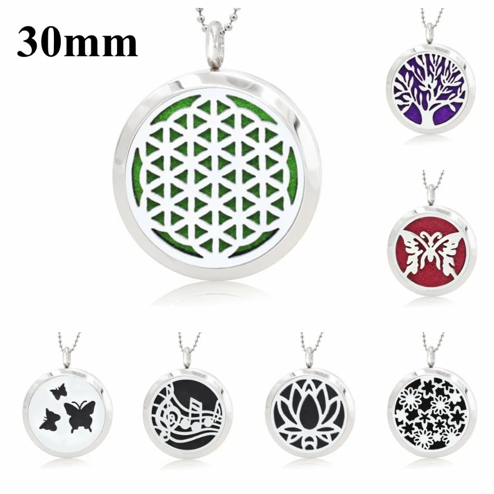 

30mm Mix style flower of life 316L Stainless Steel Aromatherapy essential oil Diffuser Locket pendant with 5 Felt Pads randomly