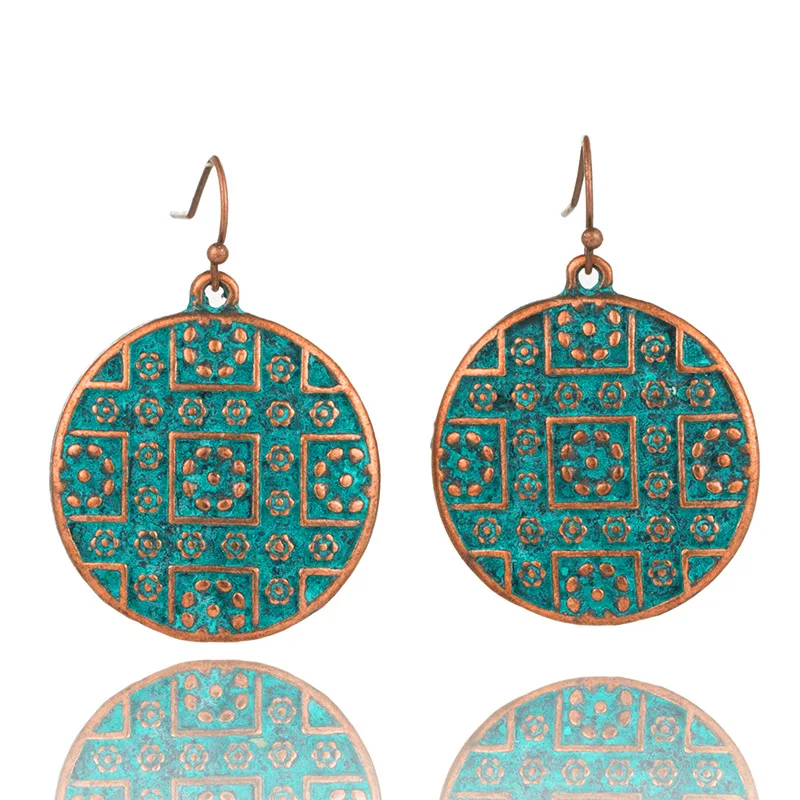 

Retro Antique Brass Copper Round Carved Dangle Drop Earrings for Women Fashion Ethnic Boho Women Ear Hanging Jewelry Accessories