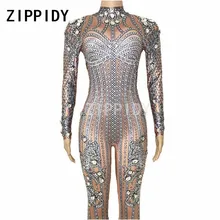 Glisten Rhinestones Gri Şerit Desen Streç Tulum Gece Kulübü Kadın Şarkıcı Bodysuit Kadınlar Doğum günü Partisi Kıyafet seksi giyim