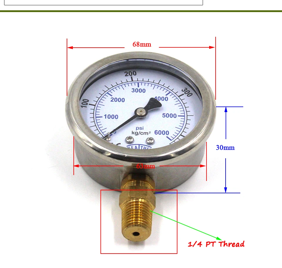 Qupb PCP Пейнтбол 2,5 ''масляные Дайвинг Давление датчик 400Bar 6000PSI чехол SS Медь подключение 63 мм 1/4PT нить GEL004