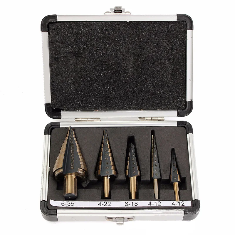 

5pc Large Cobalt Hss Step Titanium Cone Drill Hole Cutter Bit Multiple Hole 50 Sizes Step Drill Bit W/ Case Power Tool Drill Bit