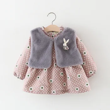 

Fall Winter Wear 2018 New Baby Girls Clothes Long-sleeved Floral Plus Velvet Dress+Fur Vest 2Pcs Suit Girls Clothes Sets 2 Color