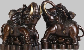 

China Folk Bronze Copper Fengshui Yuanbao Wealth Ruyi Gourd Elephant Statue Pair