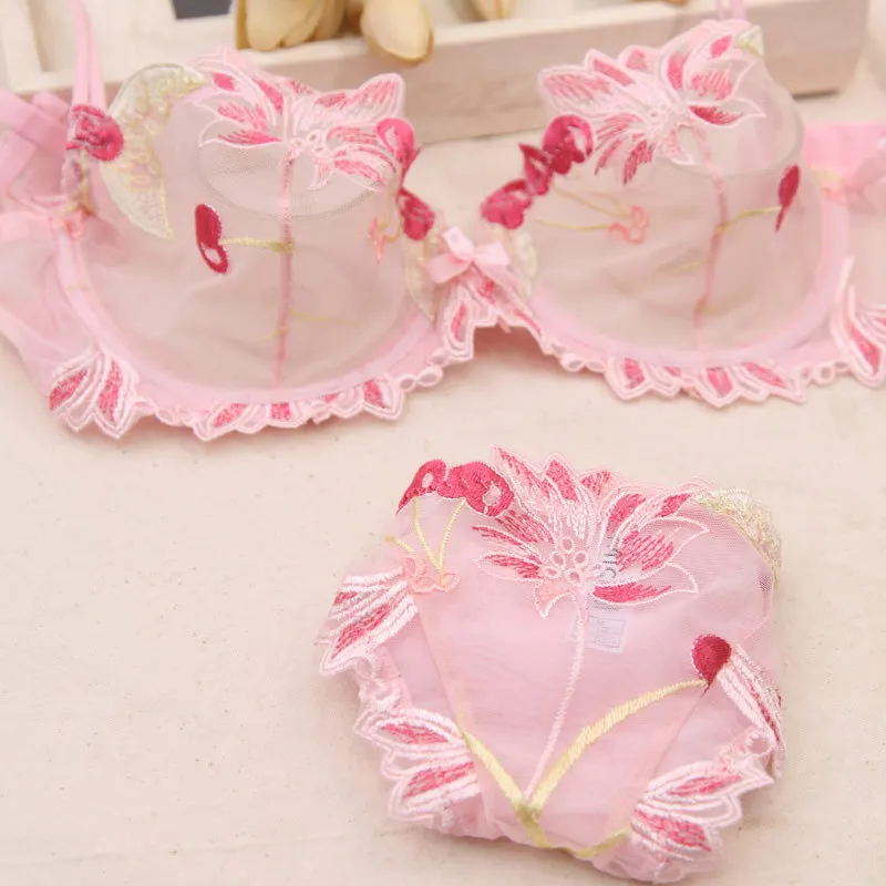 

2019 New Beautiful Ultra-thin Embroidery Lace Sexy Underwear Plus Size B C D Pink Bra Set for Women