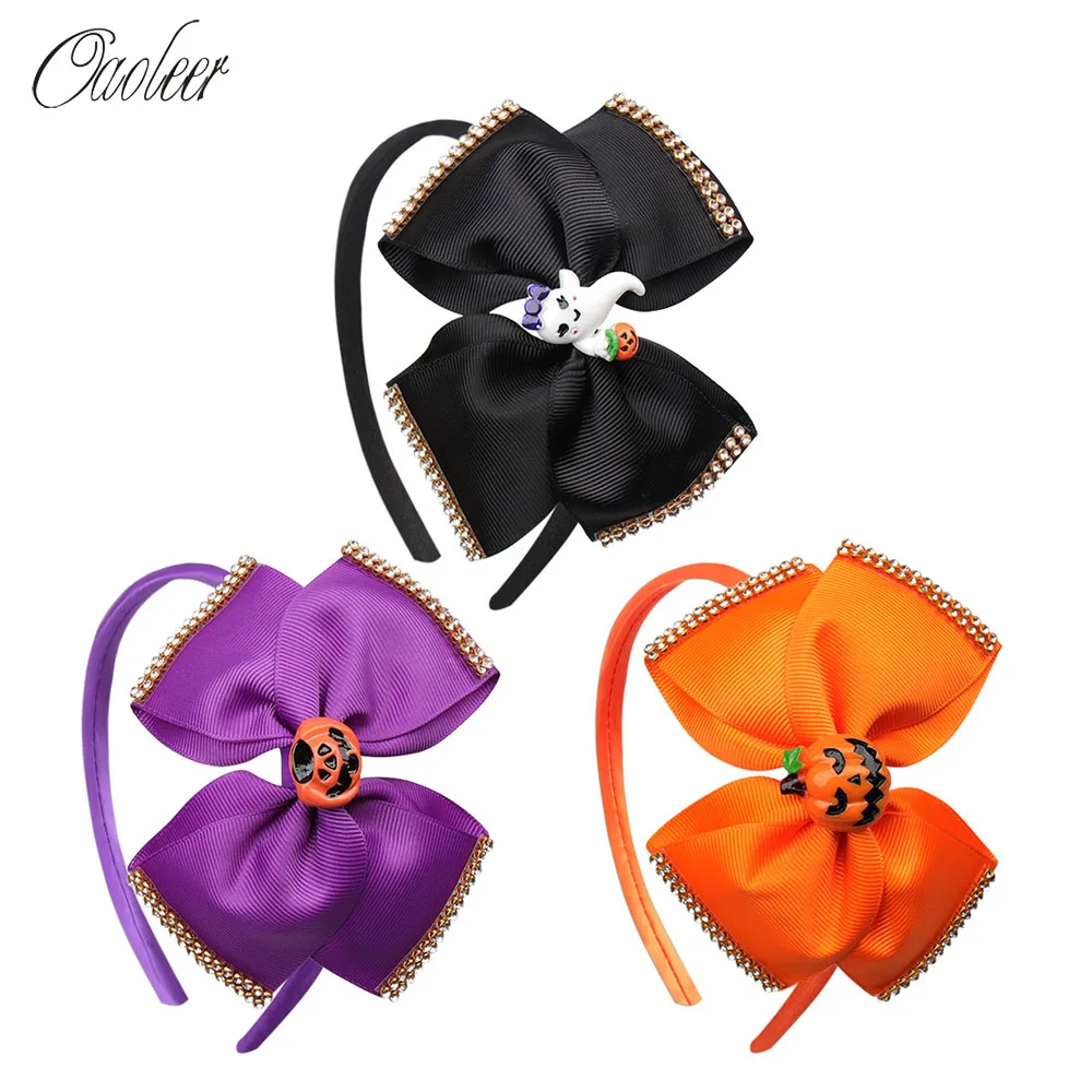 

3 Pcs/Lot 5 Inches Halloween Headbands for Girls with Resin Bowknot Ribbon Hairbands Rhinestone Girls Headwear Hair Accessories
