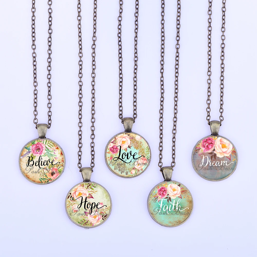 

Bible Hope Love Faith With Glass Cabochon Pendants Necklaces Believe Dream Pattern Glass Pendant Favor Party Gifts for Children