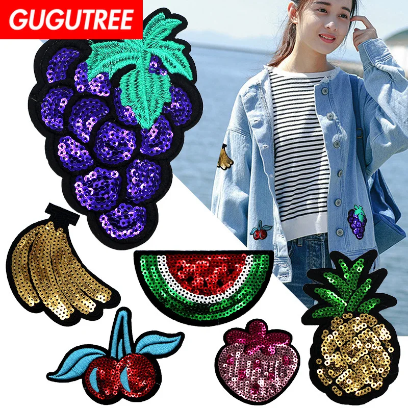 

GUGUTREE embroidery Sequins pineapple banana radish cherry patches fruits patches badges applique patches for clothing XC-358