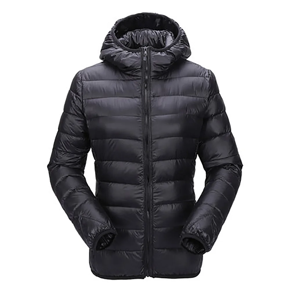 Зимний женский ультра легкий пуховик, 90% утиный пух, тонкие куртки с капюшоном, теплое пальто с длинным рукавом, пуховая парка, Женская однотонная верхняя одежда - Цвет: Black