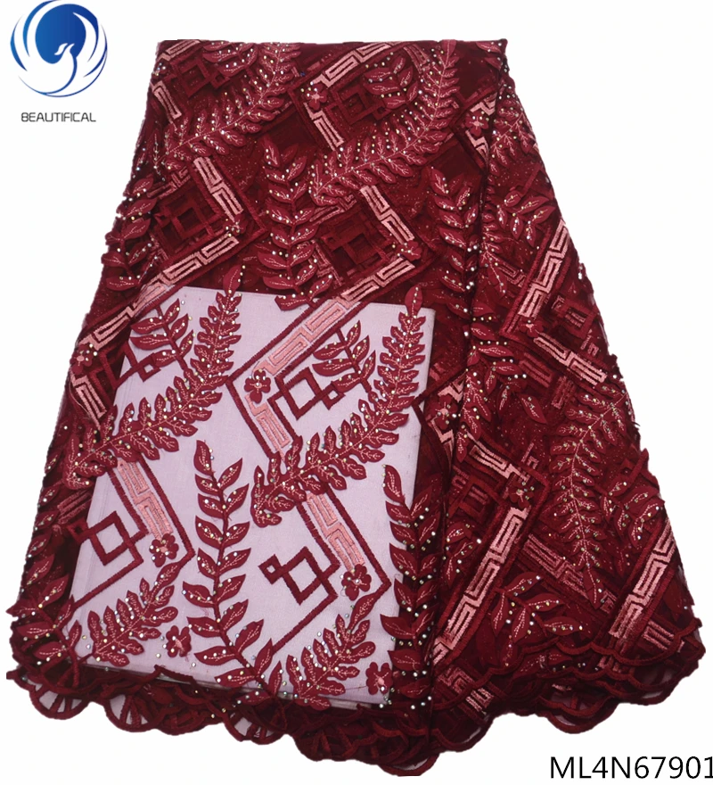

Beautifical net lace fabric french tulle lace fabrics 2019 african red mesh net lace with stones french lace 5yards/lot ML4N679