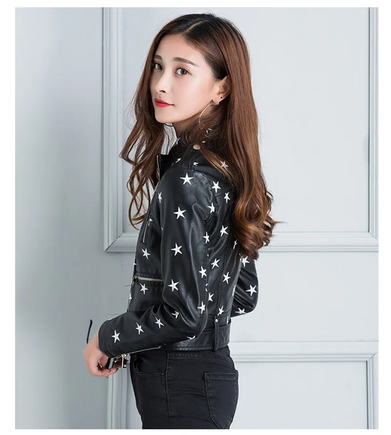 NXH Street Fashion PU Leather Jacket New Womens Star Embroidery Casual Motorcycle Jackets bright streetwear clothes women