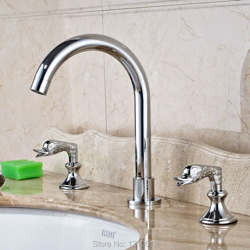 

Uythner Newly Modern Style Basin Faucet Hot&Cold Water Tap Chrome Polished Sink Faucet Dual Handles Deck-mount