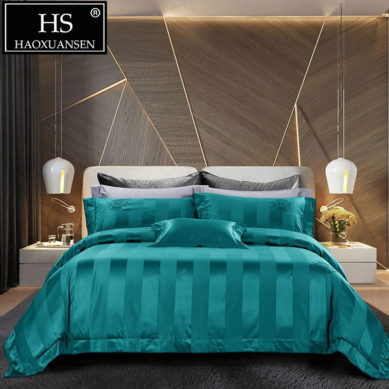 

1000 Thread Count High Density Green Striped Crown Jacquard 4pcs Bedding Sets 100% Cotton Quilt Cover Bed Sheet Set Queen King