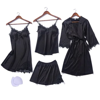 

New Fashion Robe Set 4 Pieces Robe+Nightdress+Top+Shorts Silk Satin Bathrobe Set Summer Sleepwear Lace Nightwear Set For Women