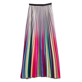 

2019 Women Long High Waist A-Line Summer Skirts Spring Colorful Rainbow Striped Pleated Skirt Vestidos
