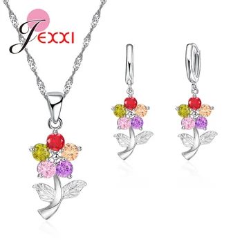 

Muticolor Cubic Zirconia Jewelry Sets For Women 925 Sterling Silver Rhinestone Trendy Flower Necklace Earrings Sets Gifts