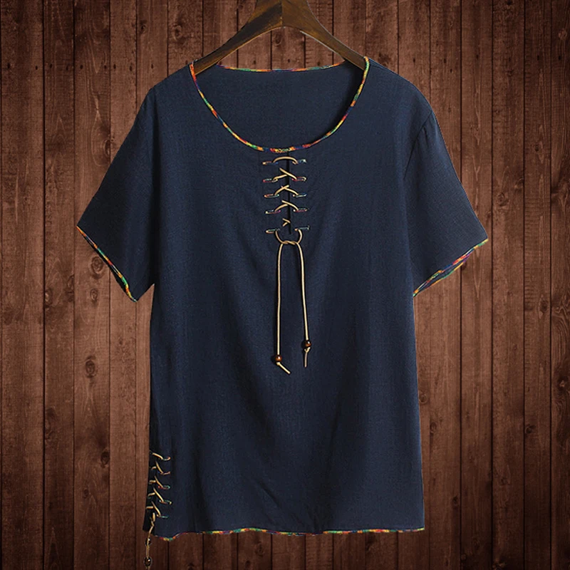 

New 2019 summer men Chinese Style big O-neck linen tee tops short sleeve lace-up t shirt plus size 3xl 4xl 5xl 6xl 7xl 8xl 9xl