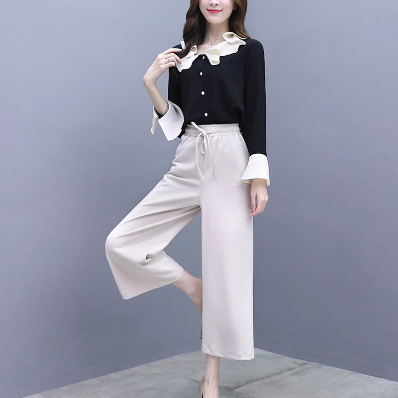 

YICIYA ruffles sleeve 2 piece set women outfits co-ord set Wide leg pants suit and top button black 2018 winter autumn clothing