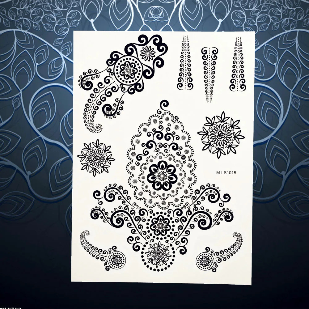 

1PC Unique Flower Henna Tattoo Black Ink Mehndi Jewelry Design Waterproof Body Back Art Flash Temporary Tattoo Sticker PBMLS1015
