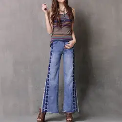 Бесплатная доставка 2019 широкие брюки Винтаж длинные брюки для Для женщин брюки с вышивкой S-L деним с боковыми Ленточки джинсы весна и лето