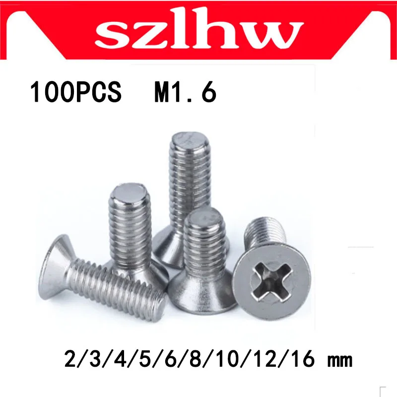

High quality 100pcs M1.6 DIN965 Stainless steel countersunk flat head philips micro machine screw M1.6 * 2/3/4/5/6/8/10/12-16 mm