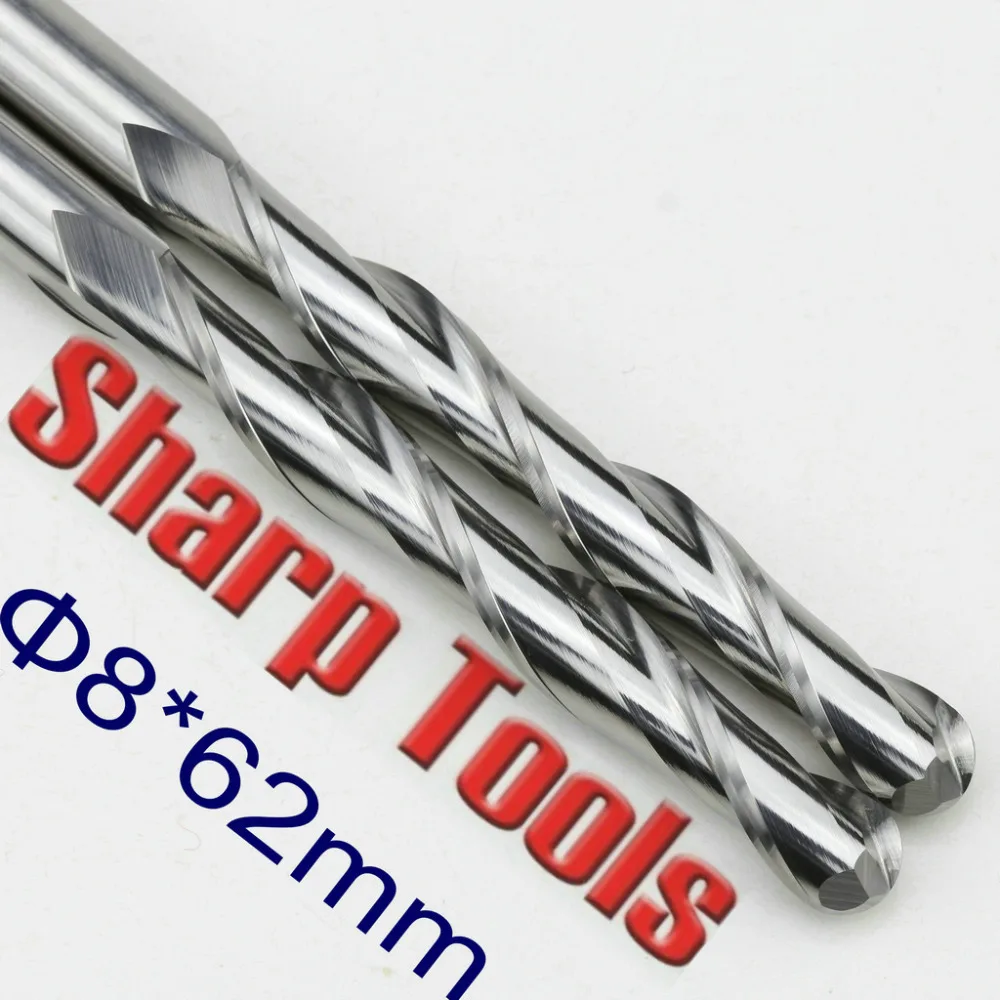 8*62MM 2 Flute Ball Nose Solid Carbide End Mills CNC Wood Carving Bits