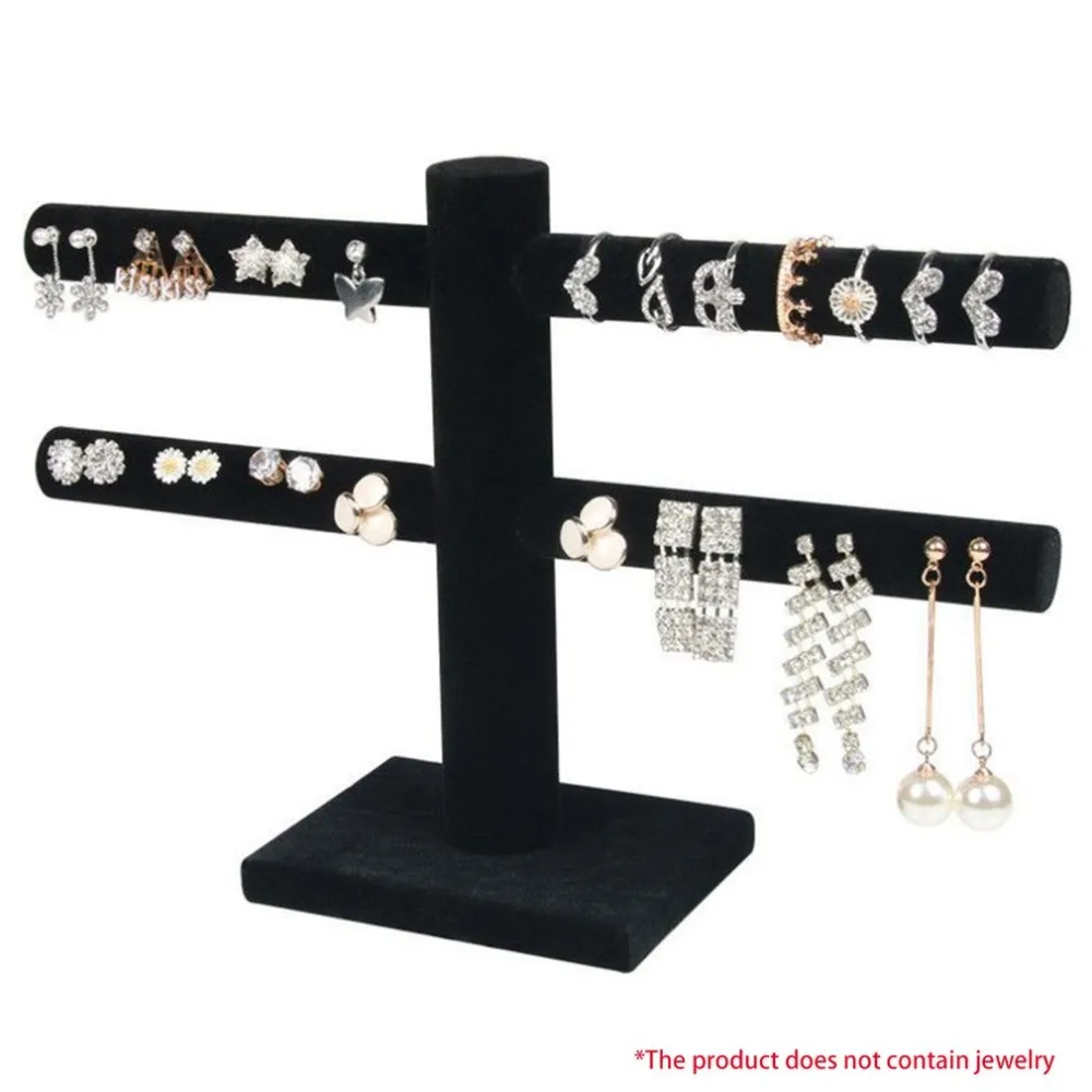 

Black Gray Flannelette 2-Tier T-Bar Earring Jewelry Display Stand Detachable Earring Holder Jewelry Organizer Rack