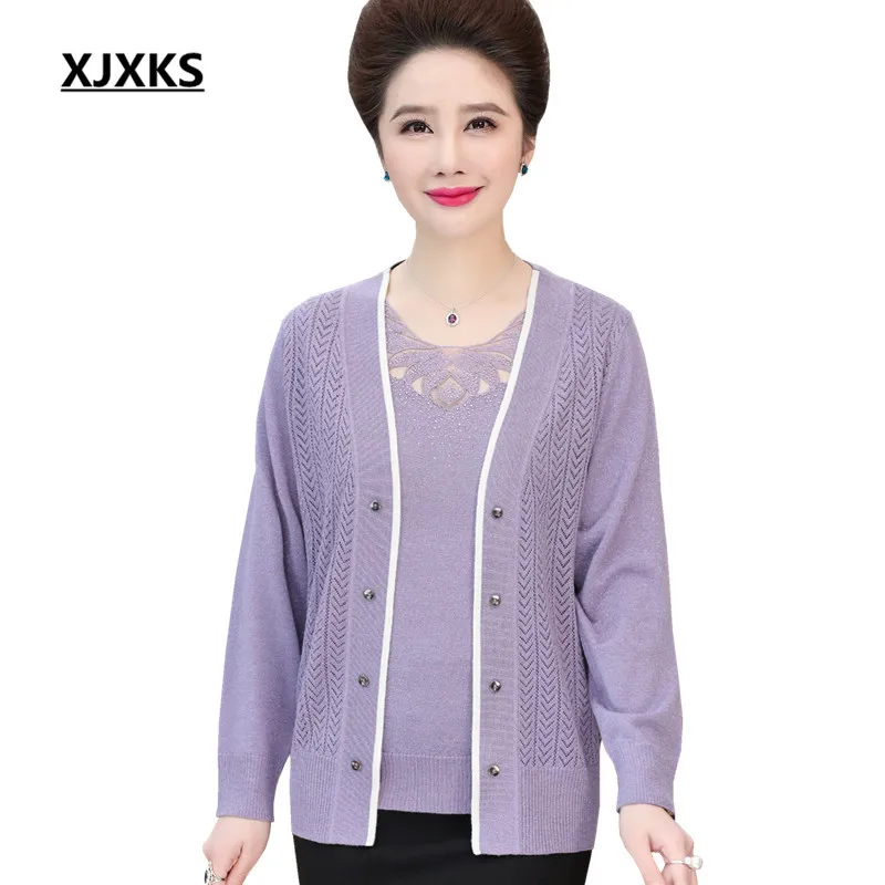

XJXKS 2019 Spring And Autumn Women Sweater Thin Wool Cardigan Plus Size Buttons Two-piece Set Solid Hollow Sweater Sets