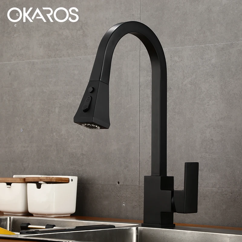 

OKAROS Pull Out Kitchen Sink Faucet With Hand Shower Single Lever Black Mixer Tap with Two Spray Mode C042B