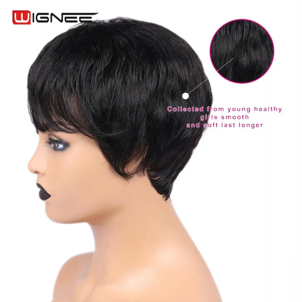 Wignee 6 inch Short Straight Hair Human Wigs With Free Bangs for Black Women 150% Density Short Pixie Cut Cheap Human Hair Wigs